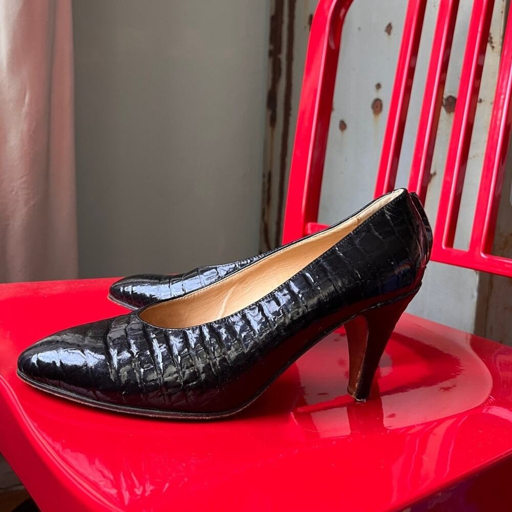 Vintage 90s Pucciverdi Croc-Embossed Black Heels | Made in Italy | Size 38